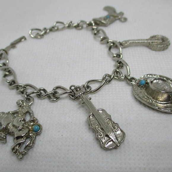 WESTERN CHARM BRACELETS Southwestern Silver Tone Charm Bracelet Turquoise Caboch - Picture 3 of 12